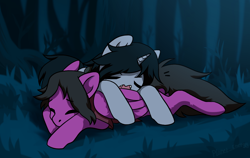 Size: 1374x866 | Tagged: safe, artist:lara_kill_craft, derpibooru import, pegasus, pony, unicorn, clothes, commission, disguise, disguised siren, duo, duo male, eyes closed, fangs, folded wings, forest, grass, horn, kellin quinn, lying down, male, on ground, open mouth, outdoors, pierce the veil, ponified, prone, shirt, sleeping, sleeping with sirens, stallion, t-shirt, vic fuentes, wings, ych result