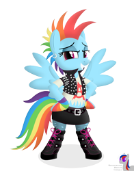 Size: 1800x2300 | Tagged: safe, artist:intelmax89, derpibooru import, rainbow dash, pegasus, pony, belt, bipedal, boots, clothes, ear piercing, earring, eyeshadow, jacket, jewelry, leather jacket, makeup, midriff, mohawk, piercing, rainbow punk, ripped stockings, shirt, shoes, simple background, skirt, solo, stockings, t-shirt, thigh highs, torn clothes, transparent background