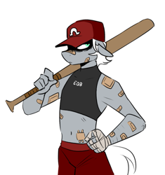 Size: 653x694 | Tagged: safe, artist:redxbacon, derpibooru import, oc, oc only, oc:single strike, anthro, bandage, baseball bat, belly button, breasts, clothes, delicious flat chest, female, floppy ears, midriff, solo, sports bra