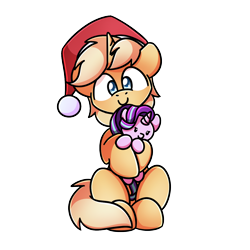 Size: 1240x1240 | Tagged: safe, artist:sugar morning, derpibooru import, starlight glimmer, oc, oc:sunlight bolt, pony, unicorn, christmas, female, holiday, male, mare, santa hat, simple background, sitting, stallion, transparent background