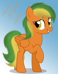 Size: 2200x2800 | Tagged: safe, artist:indonesiarailroadpht, derpibooru import, oc, oc only, oc:naviga, pegasus, pony, happy, happy birthday, looking back, simple background, solo