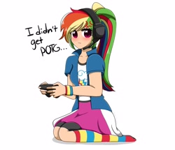 Size: 3296x2832 | Tagged: safe, artist:kittyrosie, derpibooru import, rainbow dash, human, equestria girls, :t, blushing, clothes, cross-popping veins, headphones, human coloration, missing shoes, rainbow socks, simple background, socks, stocking feet, striped socks, white background