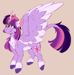 Size: 857x870 | Tagged: safe, artist:sonaartist, derpibooru import, twilight sparkle, twilight sparkle (alicorn), alicorn, pony, alternate universe, cloven hooves, curved horn, female, leonine tail, looking at you, mare, simple background, smiling, solo, spread wings, unshorn fetlocks, wings