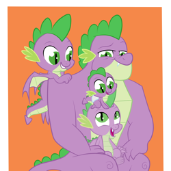 Size: 2000x2000 | Tagged: safe, artist:squipycheetah, derpibooru import, part of a set, spike, dragon, the last problem, abstract background, baby, baby dragon, baby spike, diaper, gigachad spike, happy, missing accessory, multeity, older, older spike, orange background, self dragondox, self paradox, simple background, sitting, smiling, time paradox, winged spike, younger