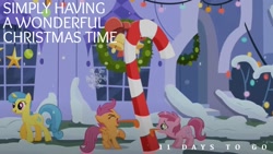 Size: 1920x1080 | Tagged: safe, derpibooru import, edit, edited screencap, editor:quoterific, screencap, lemon hearts, ruby pinch, scootaloo, hearth's warming eve (episode), 11, candy, candy cane, cute, food, lemonbetes, paul mccartney, tongue out, tongue stuck to pole