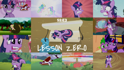 Size: 1952x1099 | Tagged: safe, derpibooru import, edit, edited screencap, editor:quoterific, screencap, fluttershy, harry, princess celestia, rarity, spike, twilight sparkle, unicorn twilight, alicorn, bear, dragon, pegasus, pony, unicorn, lesson zero, angry, atomic rainboom, bench, drama queen, explosion, eyes closed, fainting couch, hi girls, hug, open mouth, quill, shocked, twilight snapple, twilighting