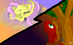 Size: 800x500 | Tagged: safe, artist:incomingtrouble, big macintosh, fluttershy, earth pony, pegasus, pony, crossed hooves, crying, female, fluttermac, looking up, male, mare, shipping, sitting on cloud, stallion, straight, tree