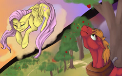 Size: 2000x1250 | Tagged: safe, artist:incomingtrouble, big macintosh, fluttershy, earth pony, pegasus, pony, crossed hooves, crying, female, fluttermac, looking up, male, mare, redraw, shipping, sitting on cloud, stallion, straight, straw in mouth, sweet apple acres, tree