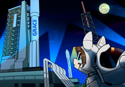 Size: 4784x3349 | Tagged: safe, artist:dacaoo, derpibooru import, pony, atlas v, commission, full moon, moon, night, night sky, rocket, sky, spacesuit, stars