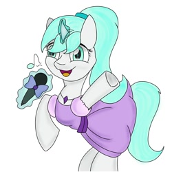 Size: 1200x1200 | Tagged: safe, artist:nine the divine, derpibooru import, oc, oc only, oc:nine the divine, unicorn, clothes, crossdressing, dress, glowing horn, levitation, magic, male, microphone, raised hoof, simple background, singing, solo, stallion, white background