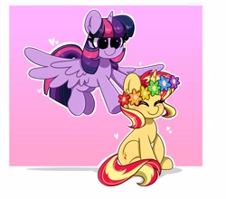 Size: 3292x2900 | Tagged: safe, artist:kittyrosie, derpibooru import, sunset shimmer, twilight sparkle, twilight sparkle (alicorn), alicorn, unicorn, blushing, cute, duo, eyes closed, female, floral head wreath, flower, flower in hair, flying, heart, mare, raised hoof, shimmerbetes, sitting, smiling, twiabetes