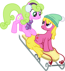 Size: 3000x3307 | Tagged: safe, artist:cloudyglow, derpibooru import, cherry berry, daisy, flower wishes, earth pony, pony, tanks for the memories, clothes, duo, earmuffs, female, mare, scarf, simple background, sled, transparent background, vector, winter hat, winter outfit