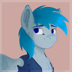 Size: 3500x3500 | Tagged: safe, artist:nyota71, derpibooru import, oc, oc:dj starflight, pegasus, pony, cheek fluff, chest fluff, clothes, colored eartips, colored pupils, commission, ear fluff, male, simple background, smiling, solo, stallion, vest