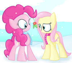 Size: 1280x1123 | Tagged: safe, artist:mr-degration, derpibooru import, fluttershy, pinkie pie, earth pony, pegasus, pony, clothes, female, flutterpie, holly, holly mistaken for mistletoe, lesbian, scarf, shipping, snow