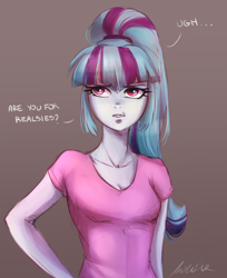 Size: 2118x2601 | Tagged: safe, artist:buttersprinkle, derpibooru import, sonata dusk, equestria girls, rainbow rocks, breasts, cleavage, clothes, dialogue, eyeroll, female, hand on hip, looking at you, realzies, shirt, simple background, solo, t-shirt, talking to viewer, ugh