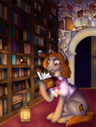 Size: 967x1280 | Tagged: safe, artist:sugar lollipop, derpibooru import, oc, oc only, oc:booky, earth pony, book, bookshelf, complex background, digital art, digital painting, female, lantern, library, reading, request, requested art, serious, serious face, sitting, solo