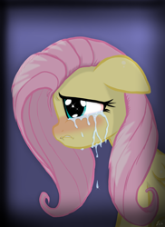 Size: 1600x2201 | Tagged: safe, artist:lennondash, derpibooru import, fluttershy, pegasus, pony, blushing, bust, crying, female, floppy ears, folded wings, gradient background, lip bite, mare, portrait, profile, sad, solo, stray strand, teary eyes, wings