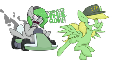 Size: 2741x1399 | Tagged: safe, artist:moonatik, derpibooru import, oc, oc:lemming, oc:trivial pursuit, earth pony, pegasus, pony, atf, beanie, cap, commission, dialogue, freckles, glasses, glow, go-kart, hat, high, male, running, simple background, spread wings, stallion, stoned, transparent background, wheel, wings, yelling