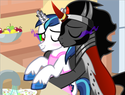 Size: 1952x1483 | Tagged: safe, alternate version, anonymous artist, derpibooru exclusive, derpibooru import, king sombra, shining armor, pony, unicorn, .svg available, apron, base used, blushing, bowl, cleaning, cloak, clothes, crossdressing, dishes, eyes closed, fruit, gay, hoof polish, horn, horn crystals, horn ring, housewife, infidelity, kiss on the cheek, kissing, kitchen, magic suppression, male, mind control, naked apron, refrigerator, ring, shiningsombra, shipping, sombra eyes, stallion, svg, unshorn fetlocks, vector