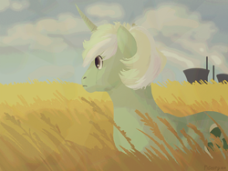 Size: 1024x768 | Tagged: safe, artist:pigeorgien, derpibooru import, oc, oc:trefoil clover, unicorn, cloud, crying, female, mare, power plant, solo, wheat