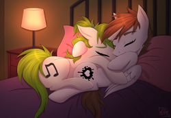 Size: 4457x3075 | Tagged: safe, artist:alicetriestodraw, derpibooru import, oc, oc:bumpy beatz, oc:cough drop, pegasus, pony, unicorn, bed, cuddling, lying down, lying on bed, on bed, sleeping