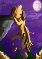 Size: 970x1359 | Tagged: safe, artist:yuris, derpibooru import, oc, oc only, pegasus, pony, cliff, feather, mare in the moon, moon, night, solo, stars