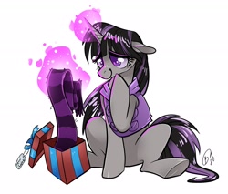 Size: 2088x1775 | Tagged: safe, artist:opalacorn, derpibooru import, oc, oc only, oc:magna-save, pony, unicorn, birthday, birthday present, clothes, cute, gift art, gift box, gift giving, happy, jacket, magic, scarf, simple background, solo