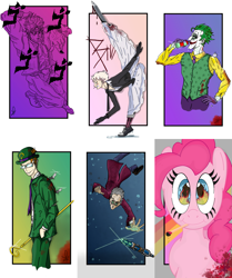 Size: 3897x4654 | Tagged: safe, artist:decrampleo, derpibooru import, pinkie pie, earth pony, human, pony, amputee, bust, clothes, clown, crossover, dc comics, dio brando, doctor who, dress, eye reflection, eyelashes, falling, female, fire, glasses, gloves, hat, jojo's bizarre adventure, male, mare, matches, mouth hold, necktie, prosthetic leg, prosthetic limb, prosthetics, reflection, scepter, six fanarts, smiling, the joker, the riddler, top hat, vest
