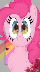 Size: 1299x2327 | Tagged: safe, alternate version, artist:decrampleo, derpibooru import, pinkie pie, earth pony, pony, bust, eye reflection, eyelashes, female, fire, mare, matches, mouth hold, reflection, smiling, solo