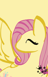 Size: 400x640 | Tagged: safe, artist:amgiwolf, derpibooru import, fluttershy, pegasus, pony, bust, eyes closed, female, looking back, mare, signature, simple background, solo, yellow background