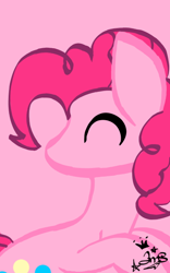 Size: 400x640 | Tagged: safe, artist:amgiwolf, derpibooru import, pinkie pie, earth pony, pony, bust, eyes closed, female, looking back, mare, no mouth, pink background, signature, simple background, solo