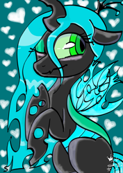 Size: 2480x3508 | Tagged: safe, artist:amgiwolf, derpibooru import, queen chrysalis, changeling, changeling queen, crown, eyelashes, female, heart, jewelry, one eye closed, regalia, signature, solo, wink
