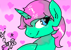 Size: 664x467 | Tagged: safe, artist:amgiwolf, derpibooru import, oc, alicorn, pony, alicorn oc, bust, eyelashes, heart, horn, looking back, signature, simple background, smiling, solo, starry eyes, wingding eyes, wings