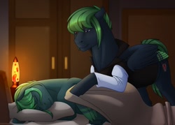 Size: 1280x916 | Tagged: safe, artist:imreer, derpibooru import, oc, oc only, pegasus, pony, bed, clothes, duo, hoodie, hoof hold, indoors, lava lamp, male, pegasus oc, pillow, sleeping, stallion, wings