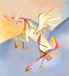 Size: 1600x1769 | Tagged: safe, artist:malinetourmaline, derpibooru import, princess celestia, alicorn, pony, abstract, abstract background, female, flying, mare, solo, spread wings, wings