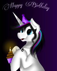 Size: 1080x1350 | Tagged: safe, artist:rxndxm.artist, derpibooru import, oc, oc only, oc:shooting star, pony, unicorn, bust, candle, cupcake, female, food, gradient background, happy birthday, hat, horn, jewelry, mare, necklace, party hat, solo, unicorn oc
