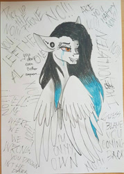 Size: 887x1238 | Tagged: safe, artist:minelvi, derpibooru import, oc, oc only, pegasus, pony, bust, crying, ear piercing, earring, grin, jewelry, pegasus oc, piercing, smiling, solo, traditional art, wings