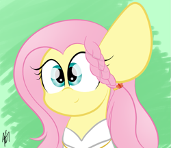 Size: 707x610 | Tagged: safe, artist:sugarcloud12, derpibooru import, fluttershy, pegasus, pony, braid, bust, cute, hairclip, no nostrils, portrait, shyabetes, solo