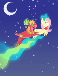 Size: 1872x2448 | Tagged: safe, anonymous artist, derpibooru import, big macintosh, fluttershy, deer, reindeer, series:fm holidays, series:hearth's warming advent calendar, advent calendar, bell, christmas, crescent moon, cute, female, fluttermac, flying, holiday, lineless, macabetes, male, moon, night, pointy ponies, reindeerified, shipping, species swap, straight