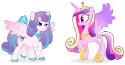 Size: 10032x5238 | Tagged: safe, artist:cirillaq, artist:pumpkinpieforlife, princess cadance, princess flurry heart, alicorn, pony, absurd resolution, crown, cutie mark, duo, female, mare, mother and child, mother and daughter, older, older flurry heart, parent and child, raised hoof, simple background, spread wings, transparent background