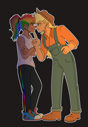 Size: 2400x3450 | Tagged: safe, artist:applejackofalltrades, derpibooru import, applejack, rainbow dash, human, appledash, converse, female, height difference, humanized, lesbian, pointing, shipping, shoes, smiling, smirk