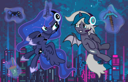 Size: 3600x2300 | Tagged: safe, artist:oyks, derpibooru import, princess luna, oc, oc:elizabat stormfeather, alicorn, bat pony, bat pony alicorn, pony, alicorn oc, bat pony oc, bat wings, coffee, commission, controller, diamond pickaxe, duo, female, flying, food, gamer, gamer luna, glowing horn, grin, headset, hoof shoes, horn, jewelry, latte, looking at each other, mare, minecraft, pickaxe, playstation 4, raised hoof, raised leg, regalia, smiling, wings, ych result