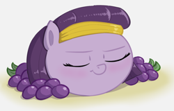 Size: 1372x880 | Tagged: safe, artist:heretichesh, derpibooru import, oc, oc only, oc:mummydew, pony, undead, blushing, female, filly, food, grapes, mummy, solo