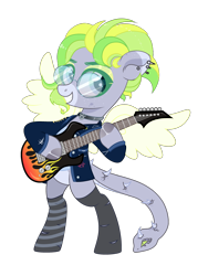 Size: 2624x3490 | Tagged: safe, artist:vizirka, derpibooru import, oc, oc:cloud drift, pegasus, pony, augmented tail, bipedal, clothes, coat markings, collar, commission, denim, ear piercing, earring, eyeshadow, female, freckles, grin, guitar, hoof hold, jacket, jewelry, makeup, mare, mismatched socks, multicolored hair, musical instrument, piercing, raised hoof, simple background, smiling, socks, solo, striped socks, sunglasses, tanktop, torn clothes, torn socks, transparent background, vector, ych result