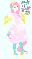 Size: 1153x2106 | Tagged: safe, artist:oukiee, derpibooru import, fluttershy, human, 1950s, clothes, cutie mark, cutie mark on clothes, dress, eyelashes, female, hairband, housewife, humanized, sandals, simple background, smiling, solo, winged humanization, wings