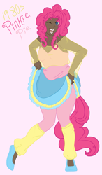 Size: 847x1449 | Tagged: safe, artist:oukiee, derpibooru import, pinkie pie, human, 80s, clothes, dark skin, female, humanized, one eye closed, open mouth, shoes, simple background, skirt, skirt lift, smiling, solo, wink