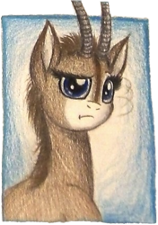 Size: 302x429 | Tagged: safe, artist:thefriendlyelephant, derpibooru import, edit, oc, oc only, oc:uganda, antelope, animal in mlp form, cropped, female, horns, panel, panel break, reaction image, traditional art