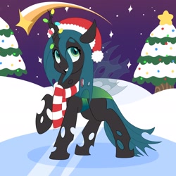 Size: 2048x2048 | Tagged: safe, artist:partylikeanartist, derpibooru import, queen chrysalis, changeling, changeling queen, pony, absurd resolution, christmas, christmas changeling, christmas lights, christmas tree, clothes, cute, cutealis, eye clipping through hair, eyebrows, eyebrows visible through hair, frozen, hat, holiday, ice, night, santa hat, scarf, shooting star, snow, solo, tree
