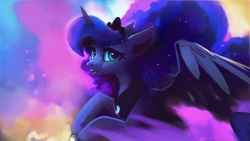 Size: 1920x1080 | Tagged: safe, artist:hierozaki, derpibooru import, princess luna, alicorn, pony, crown, ethereal mane, female, heart, jewelry, looking at you, mare, open mouth, regalia, smiling, solo, spread wings, starry mane, wings