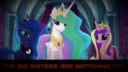 Size: 1280x718 | Tagged: safe, derpibooru import, princess cadance, princess celestia, princess luna, alicorn, pony, my little pony: the movie, 1984, always watching, caption, dark background, looking at you, smiling, text